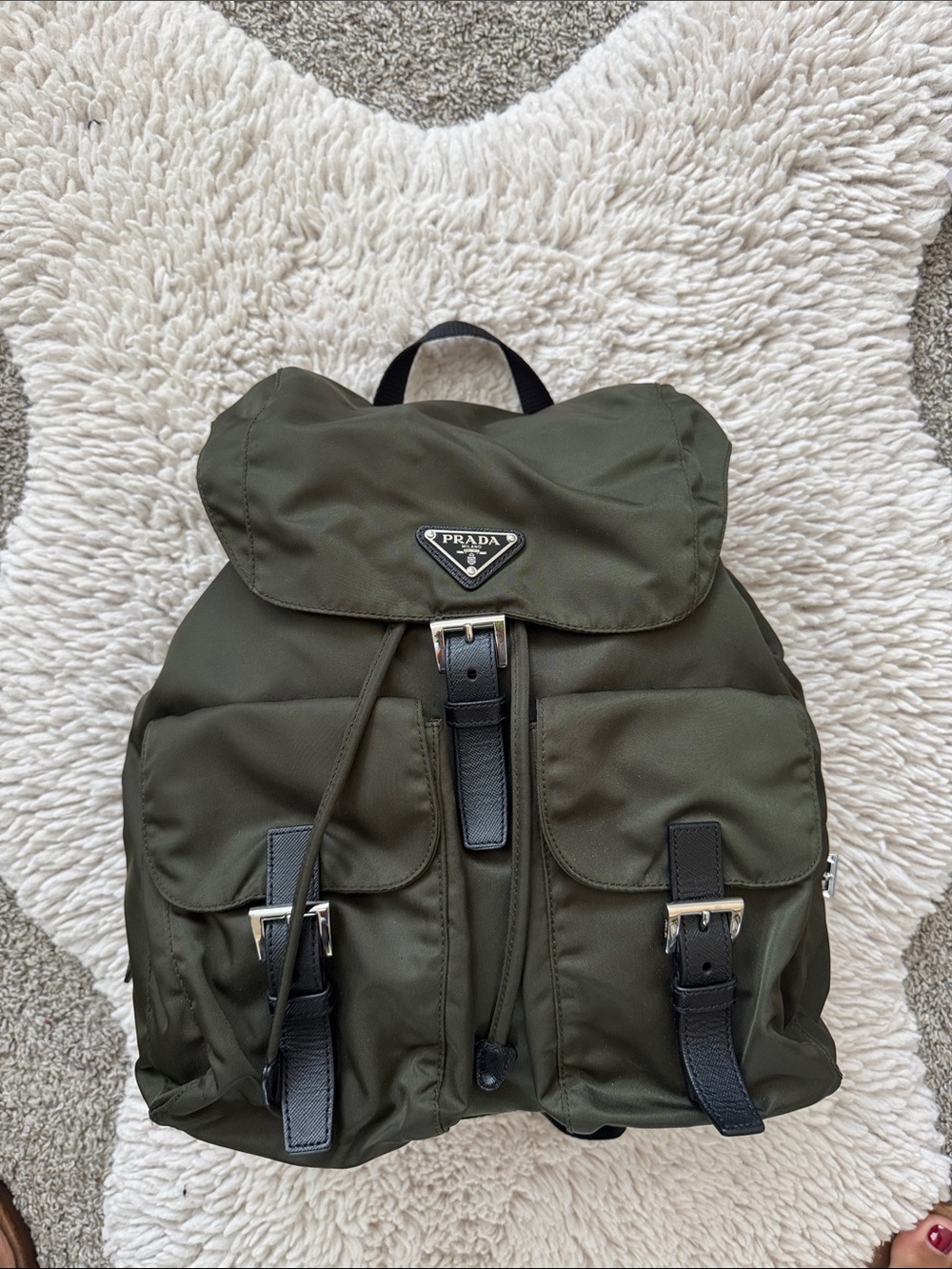 Prada Olive Nylon Backpack with Black Leather Trim - Picture 1 of 6